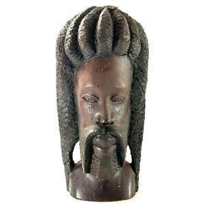 Hand Carved Jamaican Rasta Bust 9.5” Wood Sculpture Folk Art Dreadlocks